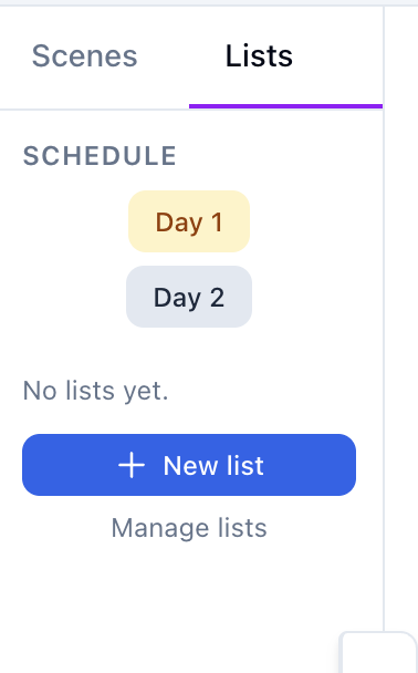 Lists tab with schedule days and New list