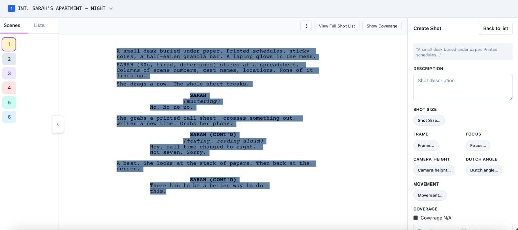 Script with shot tag and SHOTS panel in builder