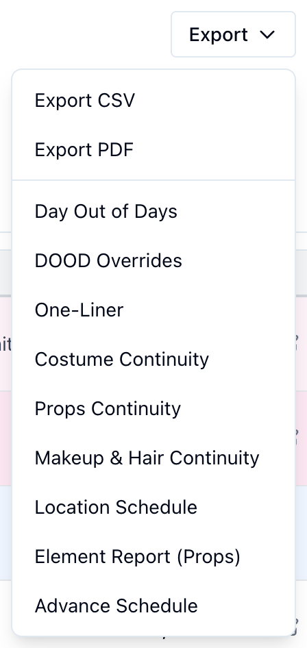The schedule's Export menu with Day Out of Days and DOOD Overrides under Export CSV and Export PDF