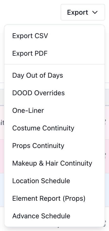 The schedule's Export menu with Day Out of Days and DOOD Overrides under Export CSV and Export PDF