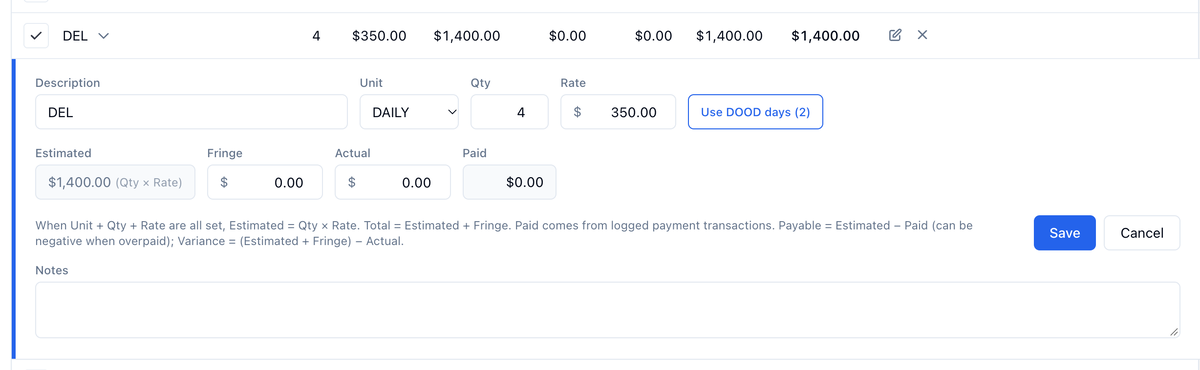 Del's line open for editing, with Qty 4, Rate $350.00, and Use DOOD days (2) beside them