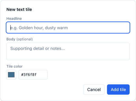 The New text tile form with Headline, Body, and Tile color fields