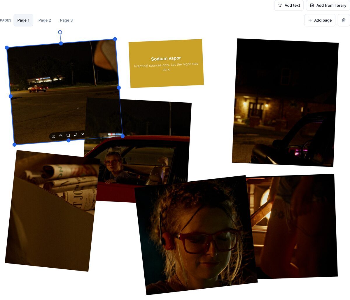 A freeform moodboard with reference stills placed at angles, one tile selected showing its resize handles, rotate handle, and layer controls