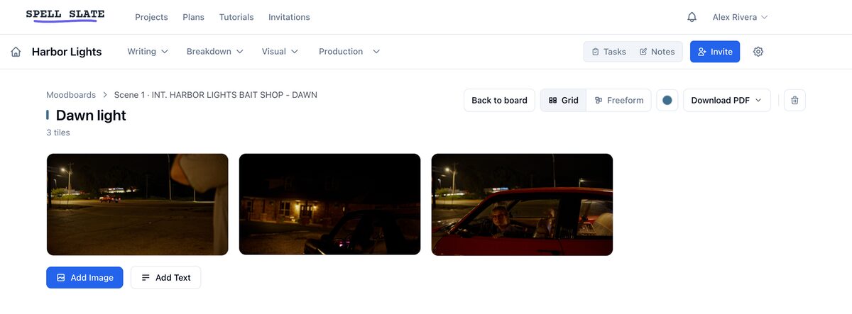 A moodboard in Grid layout, tiles in even columns above the Add Image and Add Text buttons