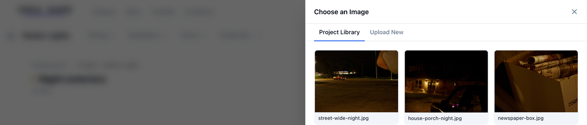 The Choose an Image panel open, with Project Library and Upload New tabs above the project's reference images