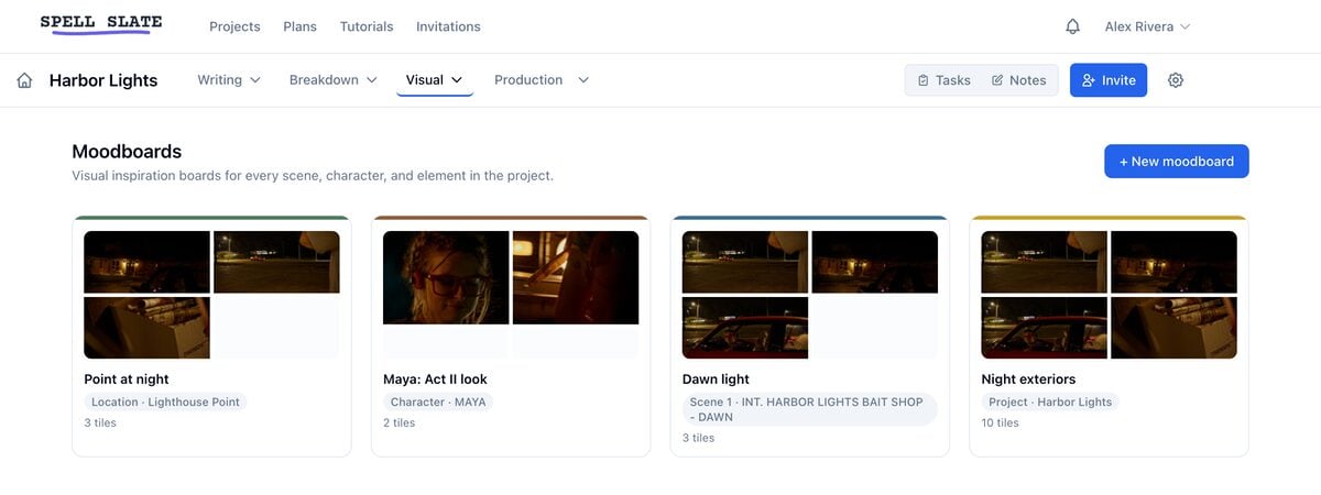 The Moodboards index listing four boards, each labelled with the location, character, scene, or project it belongs to