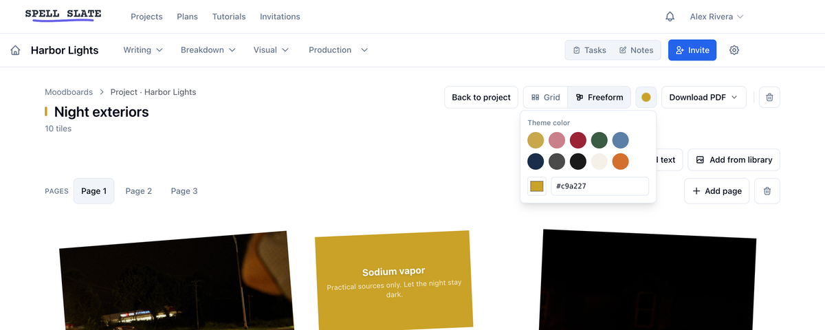 The theme color dropdown open on a moodboard, showing preset swatches and a hex input