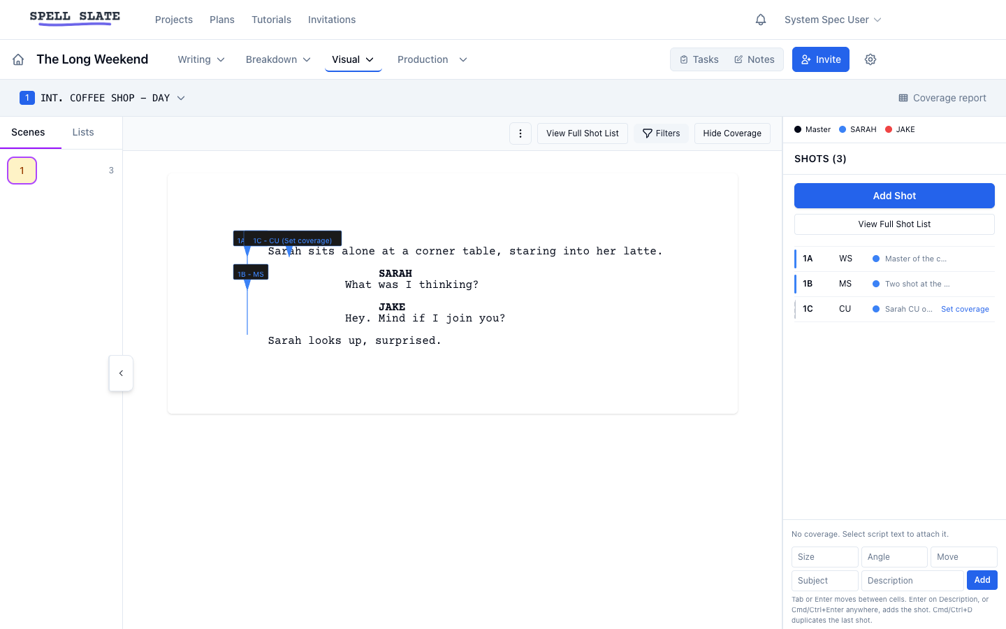 Builder with a scene open: script, shots, and the entry row