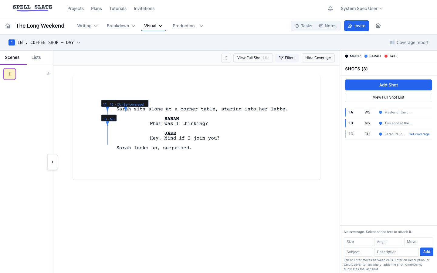 Builder with a scene open: script, shots, and the entry row