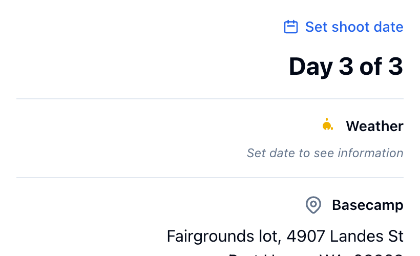 Day 3 of 3 going from Set shoot date to the date picker with Day 2 is Aug 9. Pick Aug 10 or later, then to Monday, August 10, 2026 with the day's weather