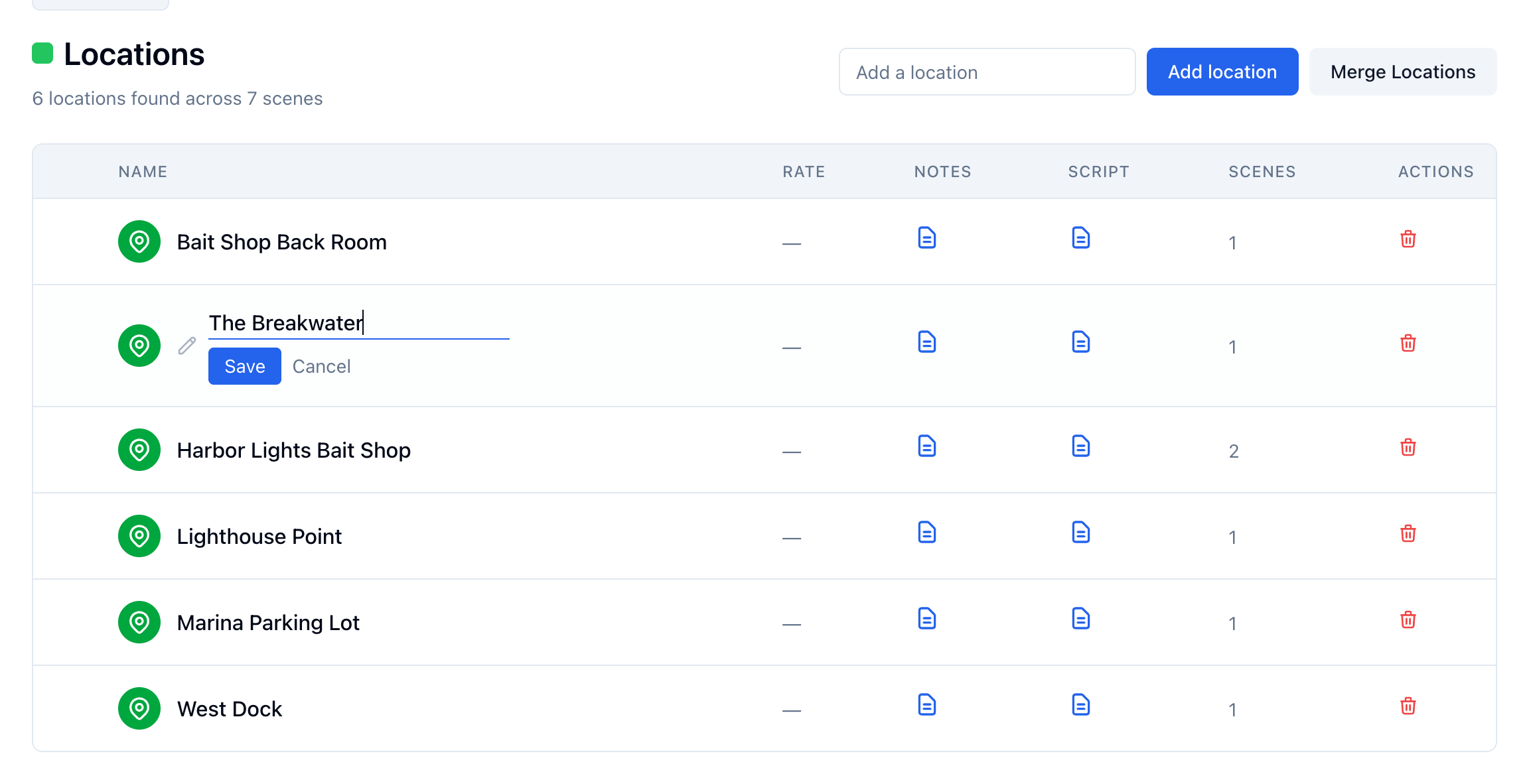 The rename open for Breakwater on the Locations list, with The Breakwater typed