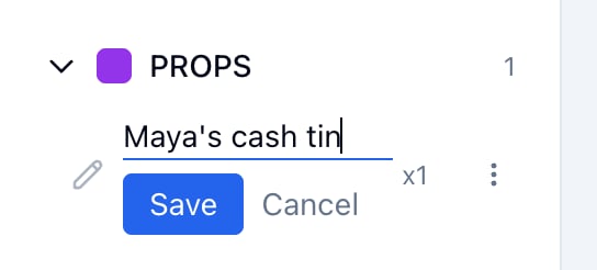 The rename open in Scene Elements, with Save and Cancel under the field