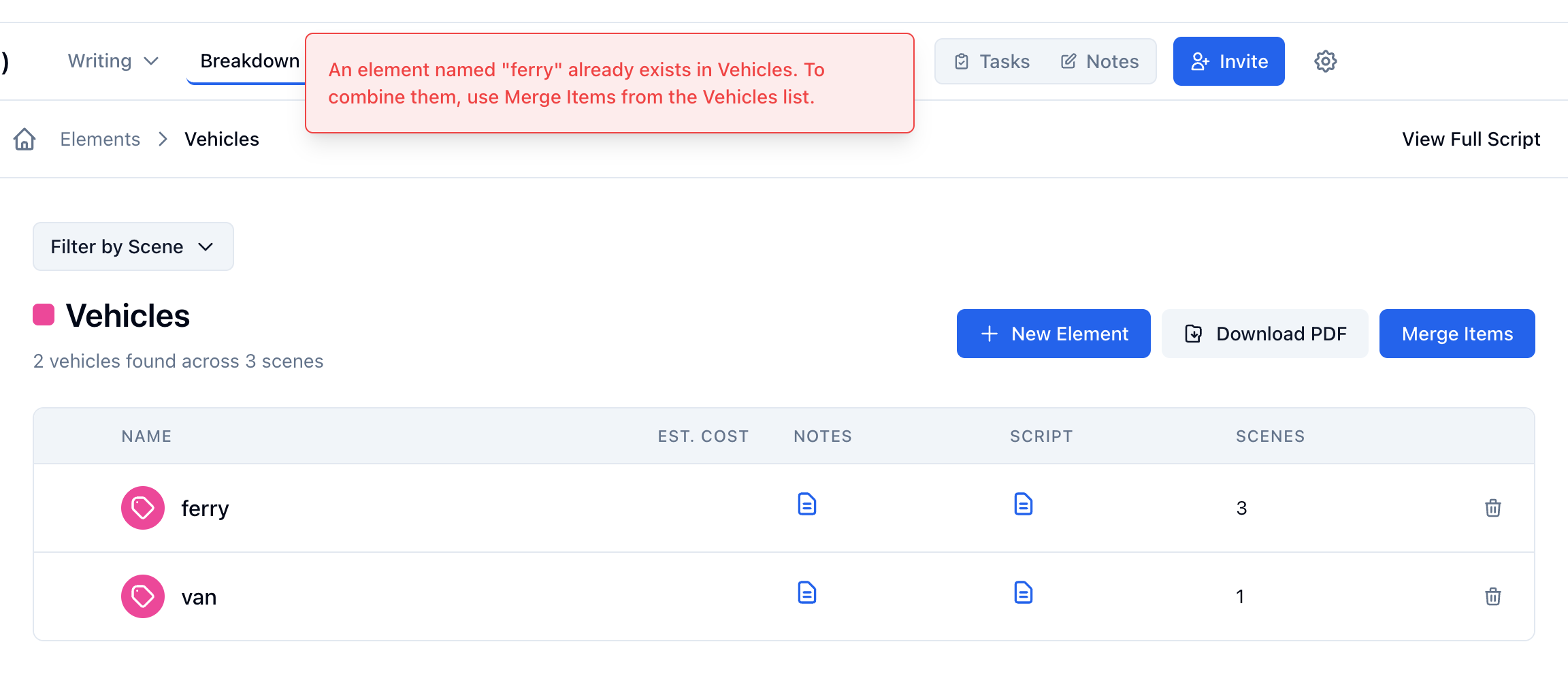 The message for a name already taken: An element named "ferry" already exists in Vehicles. To combine them, use Merge Items from the Vehicles list.