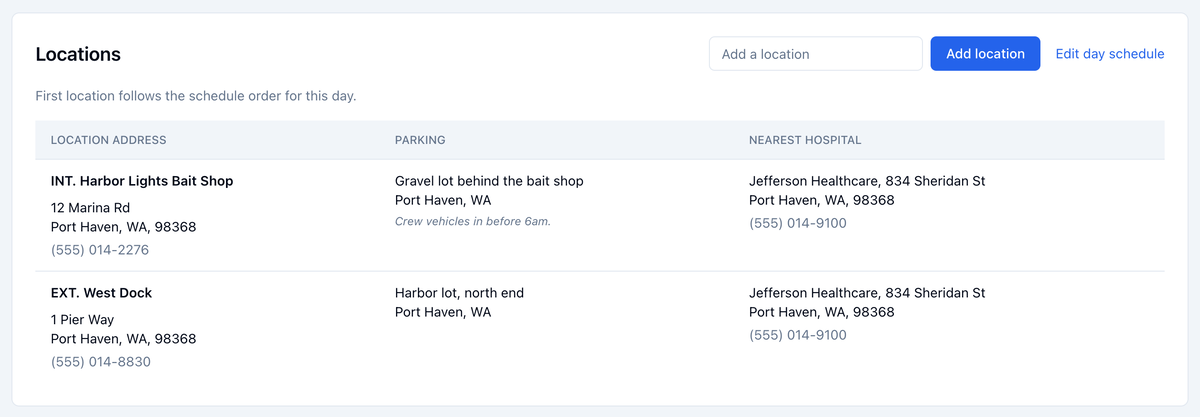 The Locations section: INT. Harbor Lights Bait Shop and EXT. West Dock with their addresses, parking, and Jefferson Healthcare as the nearest hospital, with Add a location and Edit day schedule