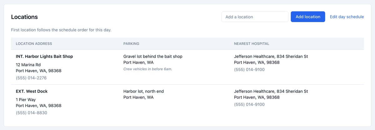 The Locations section: INT. Harbor Lights Bait Shop and EXT. West Dock with their addresses, parking, and Jefferson Healthcare as the nearest hospital, with Add a location and Edit day schedule