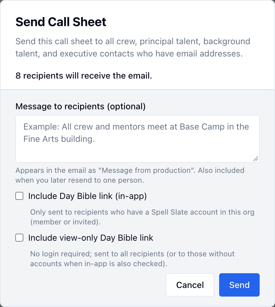 The Send Call Sheet window: 8 recipients will receive the email, Message to recipients, the two Day Bible link checkboxes, and Send