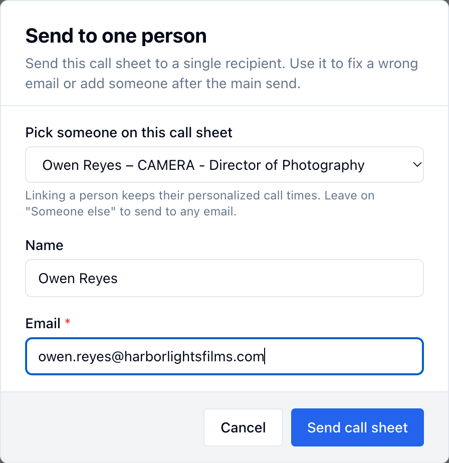 Send to one person with Owen Reyes picked, his name and email filled in