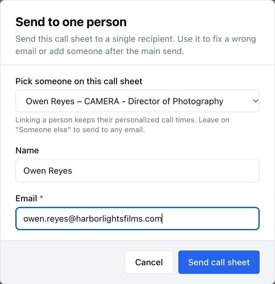 Send to one person with Owen Reyes picked, his name and email filled in