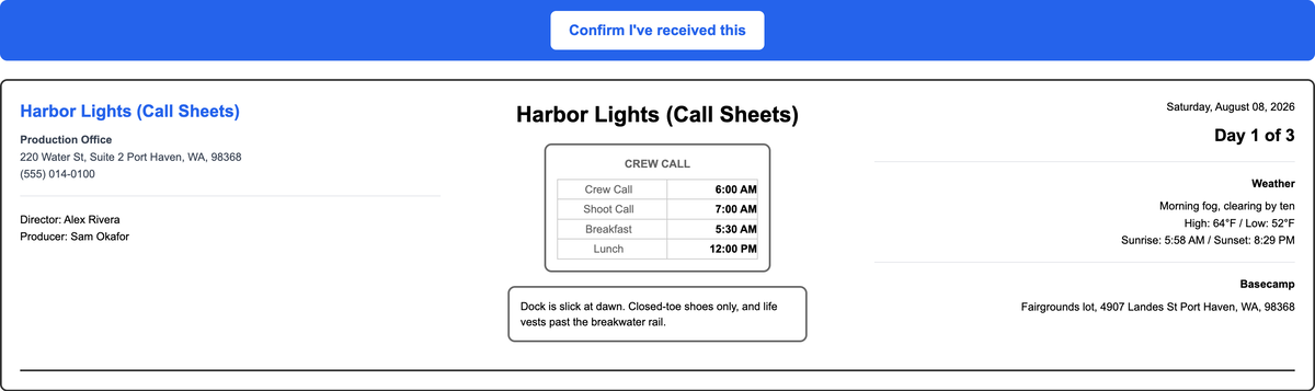 The call sheet opened from Nora's view link, with Confirm I've received this across the top