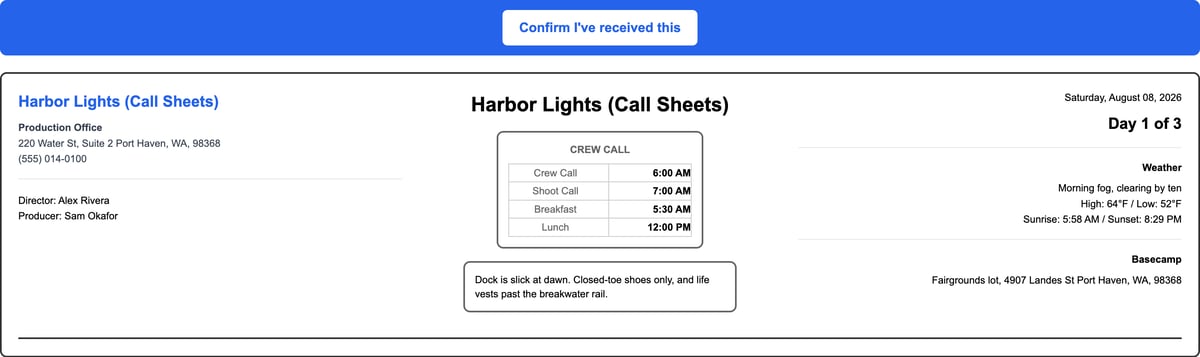 The call sheet opened from Nora's view link, with Confirm I've received this across the top