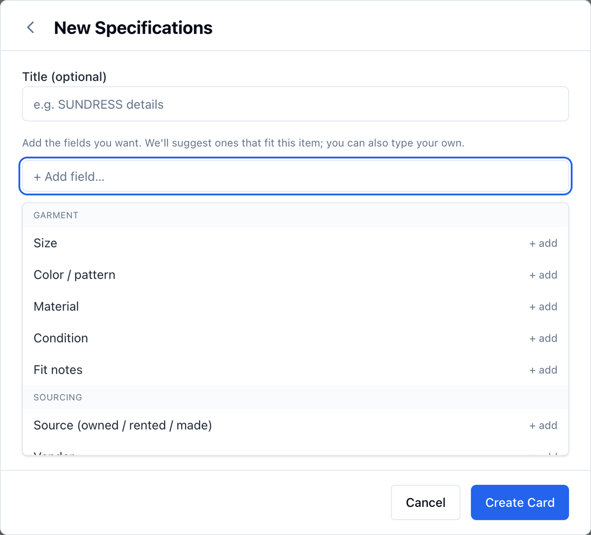 The New Specifications form on the sundress's board with the garment fields suggested