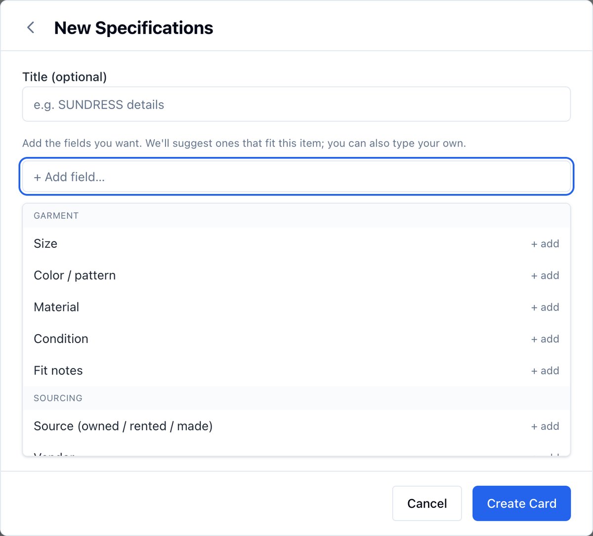 The New Specifications form on the sundress's board with the garment fields suggested