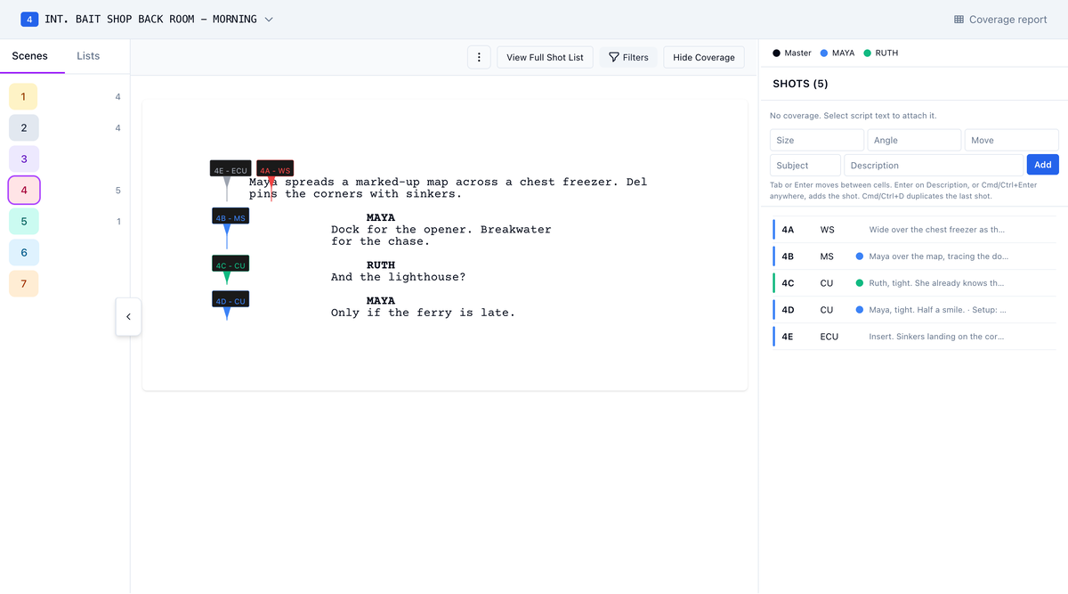 Builder with a scene open: script left, shots and entry row right