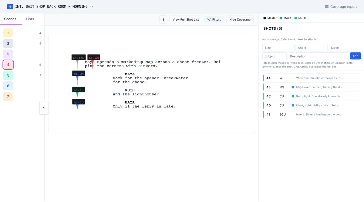 Builder with a scene open: script left, shots and entry row right