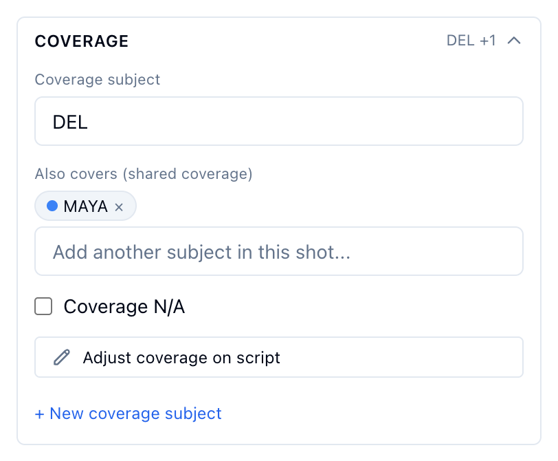 The inspector's Coverage group on a two shot: Del as the subject, Maya under Also covers