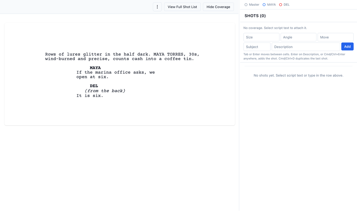 The Builder with Scene 1 open: the script, empty Master, MAYA, and DEL coverage dots, and the entry row