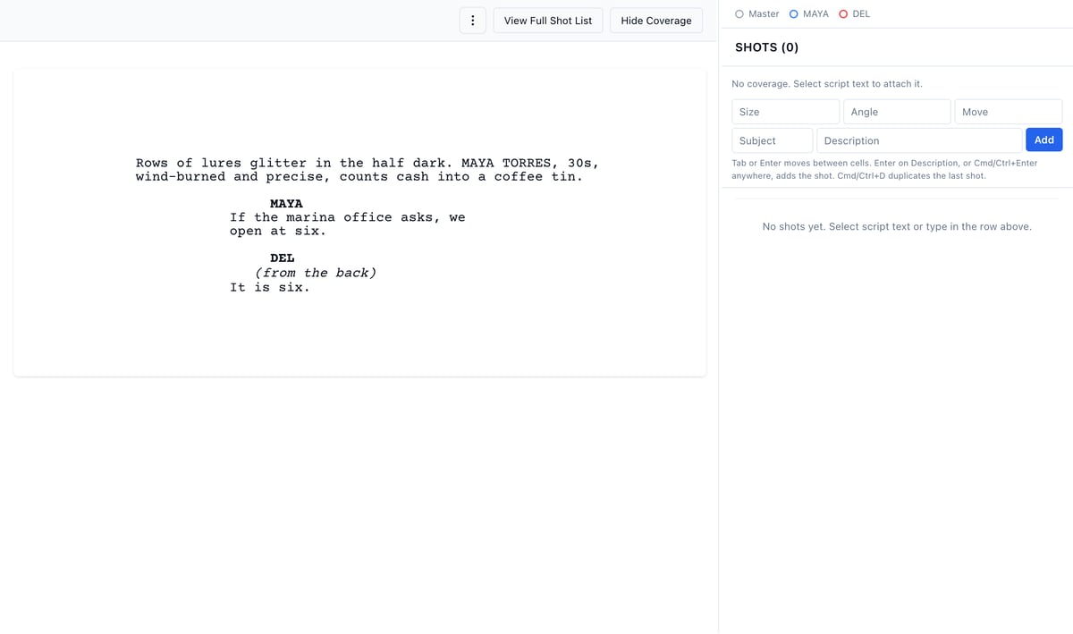 The Builder with Scene 1 open: the script, empty Master, MAYA, and DEL coverage dots, and the entry row