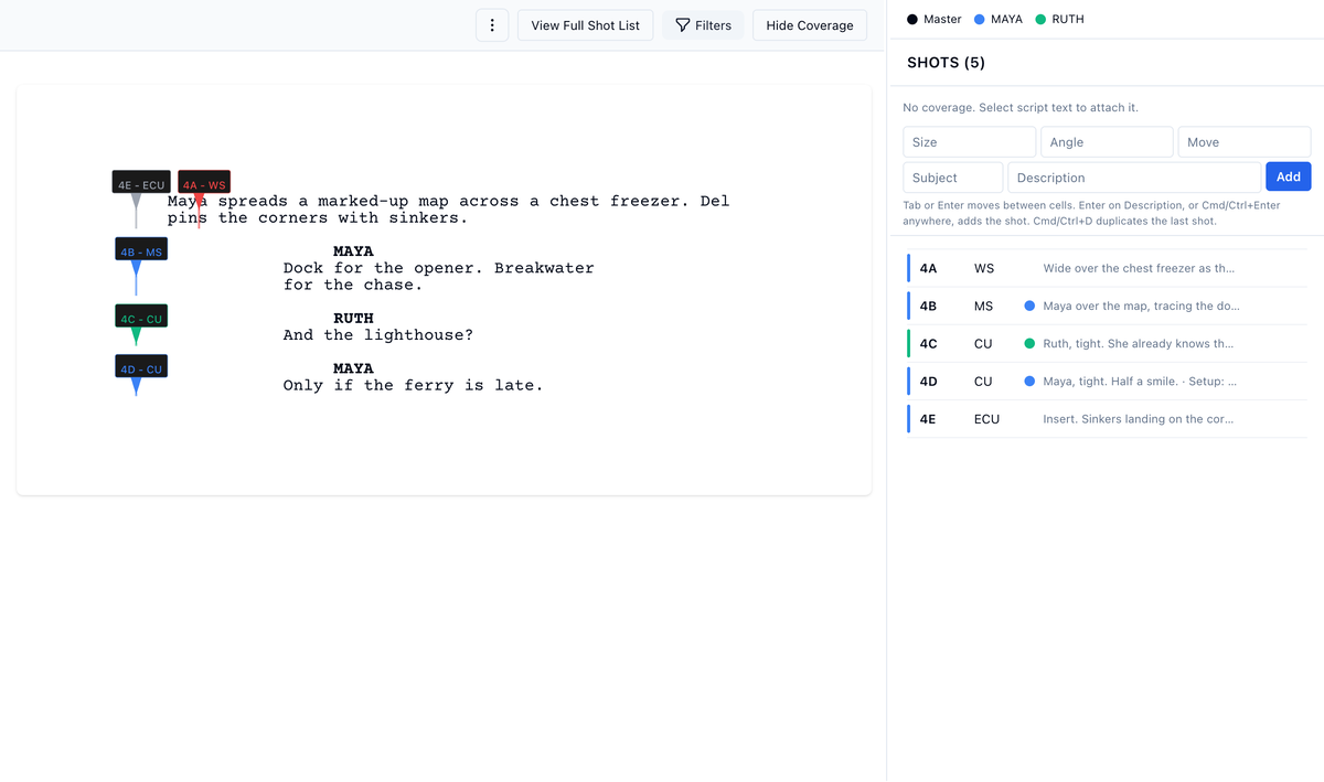 The Builder: the script with five lined shots and the shot panel beside it