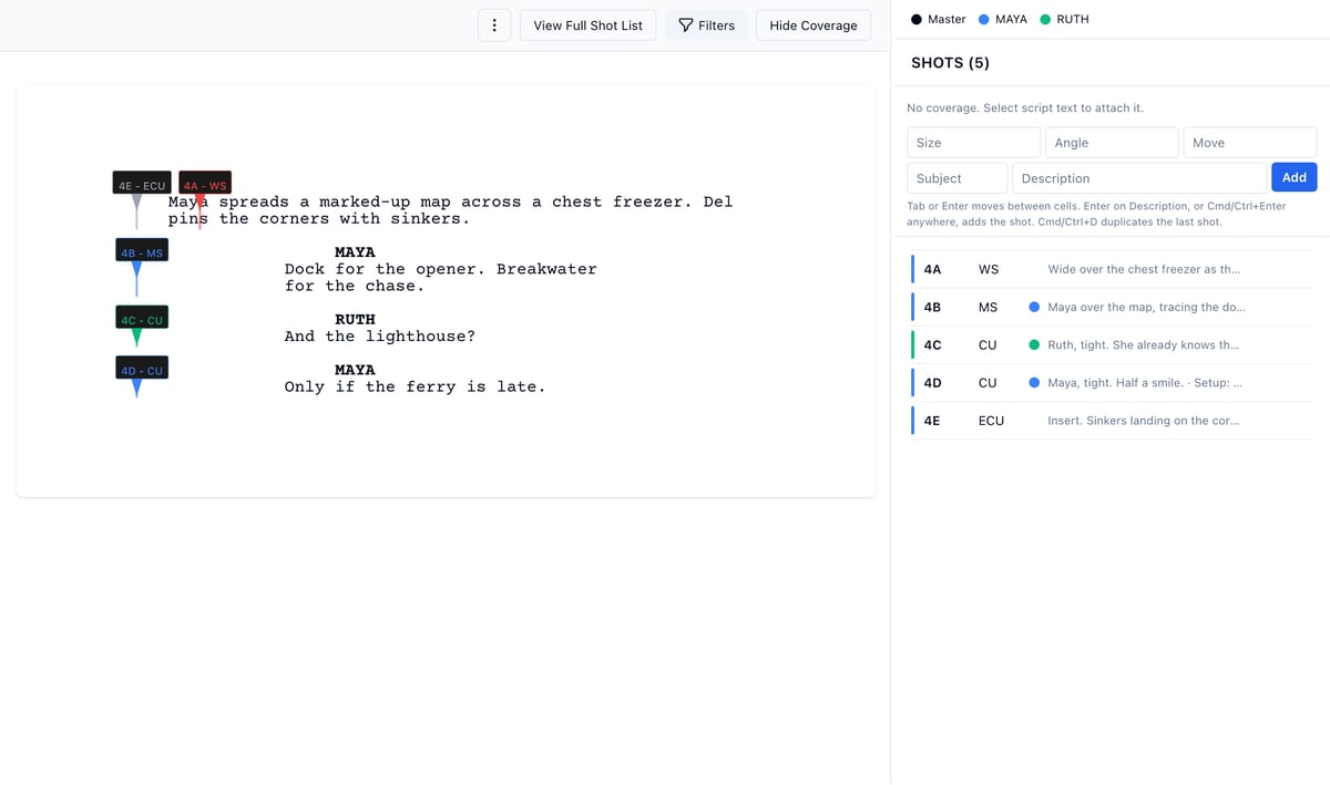 The Builder: the script with five lined shots and the shot panel beside it