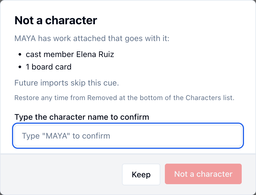 The Not a character confirmation for MAYA, listing cast member Elena Ruiz and 1 board card, with a field to type the name