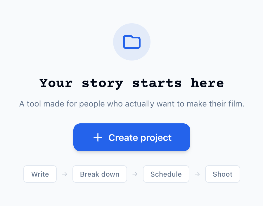 Home for a new account: Your story starts here, with the Create project button and Write, Break down, Schedule, Shoot