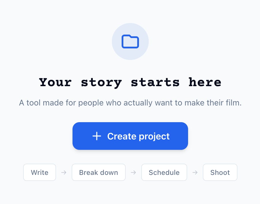 Home for a new account: Your story starts here, with the Create project button and Write, Break down, Schedule, Shoot