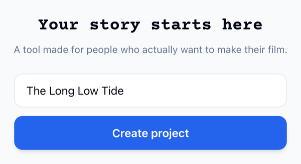 On a phone: The Long Low Tide typed in the title field under Your story starts here, with Create project below it