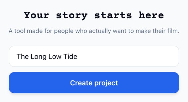 On a phone: The Long Low Tide typed in the title field under Your story starts here, with Create project below it