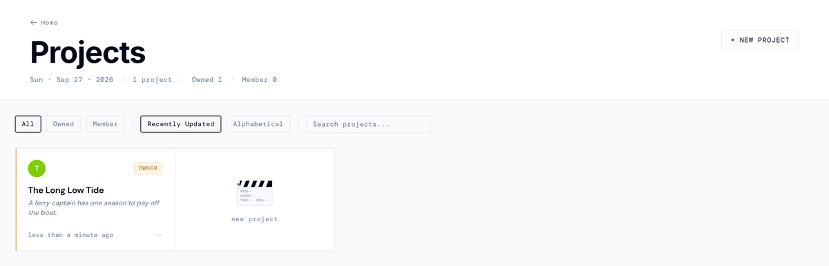 The Projects page: The Long Low Tide with its logline and an Owner badge, next to the new project card