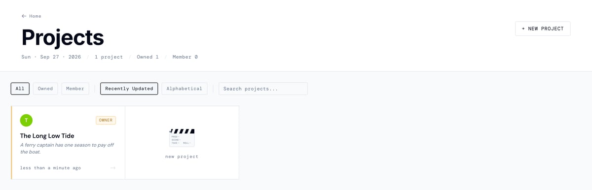 The Projects page: The Long Low Tide with its logline and an Owner badge, next to the new project card