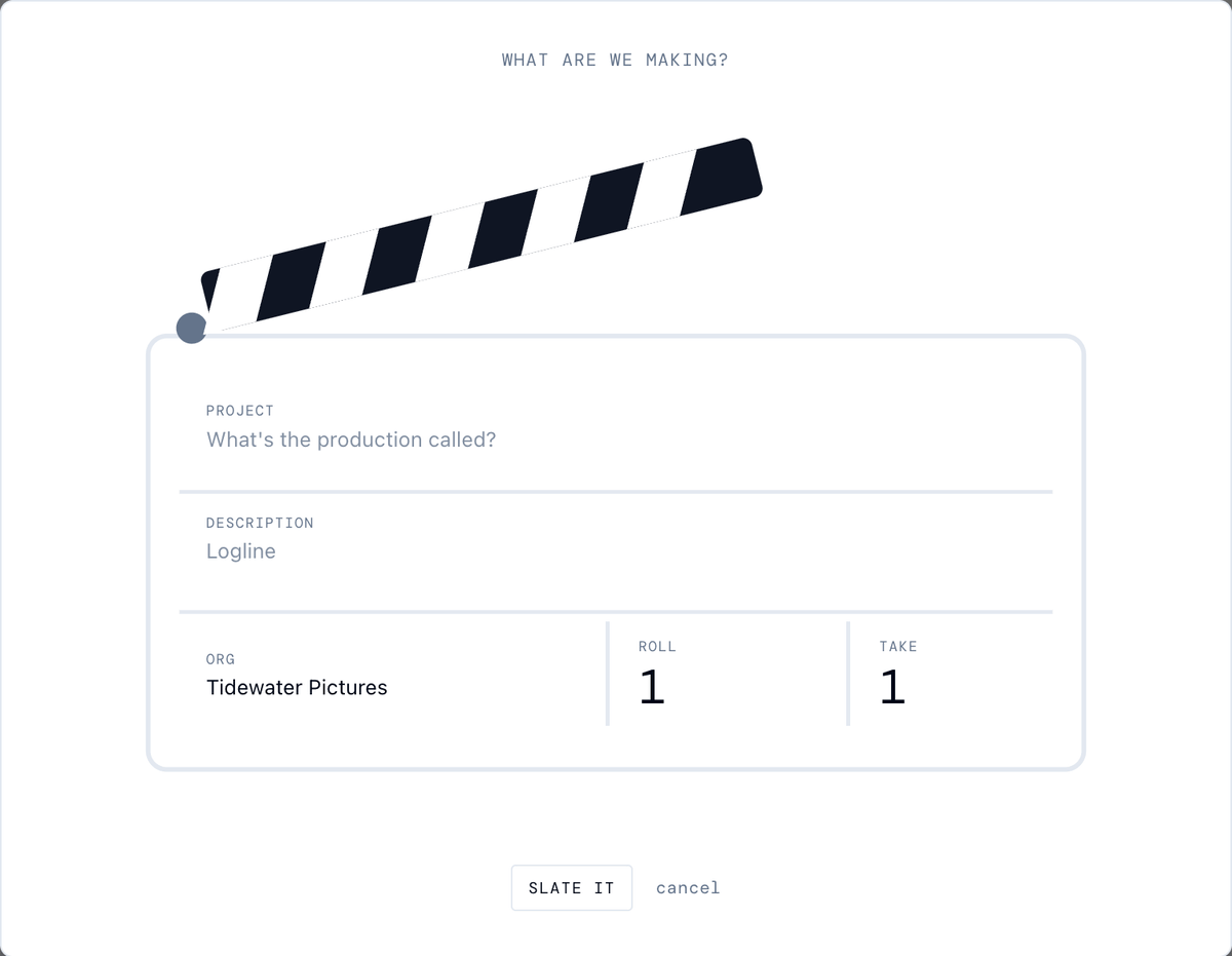 The slate filling in: The Long Low Tide under Project, then a logline under Description, with Tidewater Pictures as the Org