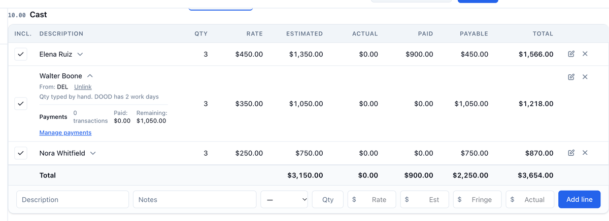 The 10.00 Cast category: Elena Ruiz, Walter Boone with his details open showing From: DEL, Unlink, Qty typed by hand with the DOOD's 2 work days, payments, and Manage payments, then Nora Whitfield and the category total
