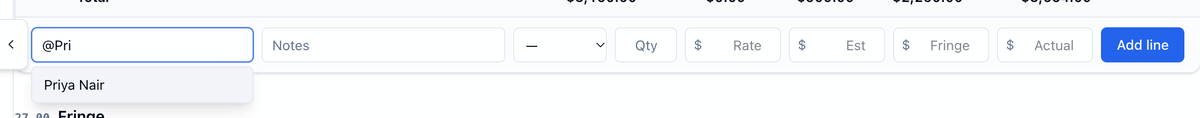 Typing @Pri in a new line's Description shows Priya Nair in a list, and choosing her fills the description, DAILY, and a rate of 650.00