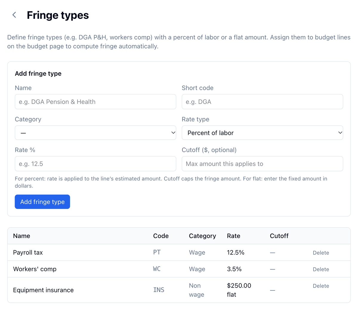 Fringe types: the Add fringe type form with Name, Short code, Category, Rate type, Rate %, and Cutoff, above a table listing Payroll tax PT at 12.5%, Workers' comp WC at 3.5%, and Equipment insurance INS at $250.00 flat