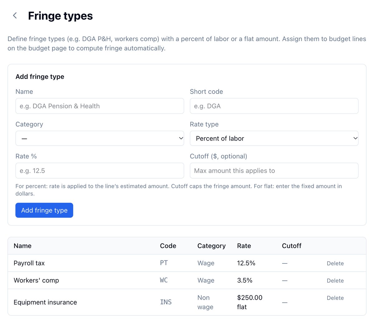 Fringe types: the Add fringe type form with Name, Short code, Category, Rate type, Rate %, and Cutoff, above a table listing Payroll tax PT at 12.5%, Workers' comp WC at 3.5%, and Equipment insurance INS at $250.00 flat