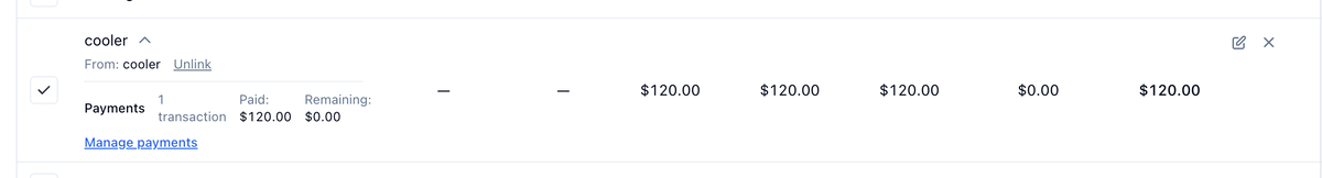 The cooler line's details: From: cooler with an Unlink link, Payments with 1 transaction, Paid $120.00, Remaining $0.00, and Manage payments