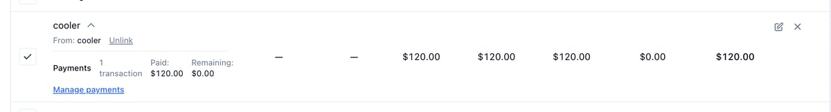 The cooler line's details: From: cooler with an Unlink link, Payments with 1 transaction, Paid $120.00, Remaining $0.00, and Manage payments