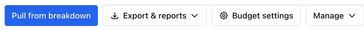 The top of the Budget page: Pull from breakdown, Export & reports, Budget settings, and Manage