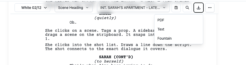 Export dropdown with PDF, Text, and Fountain options