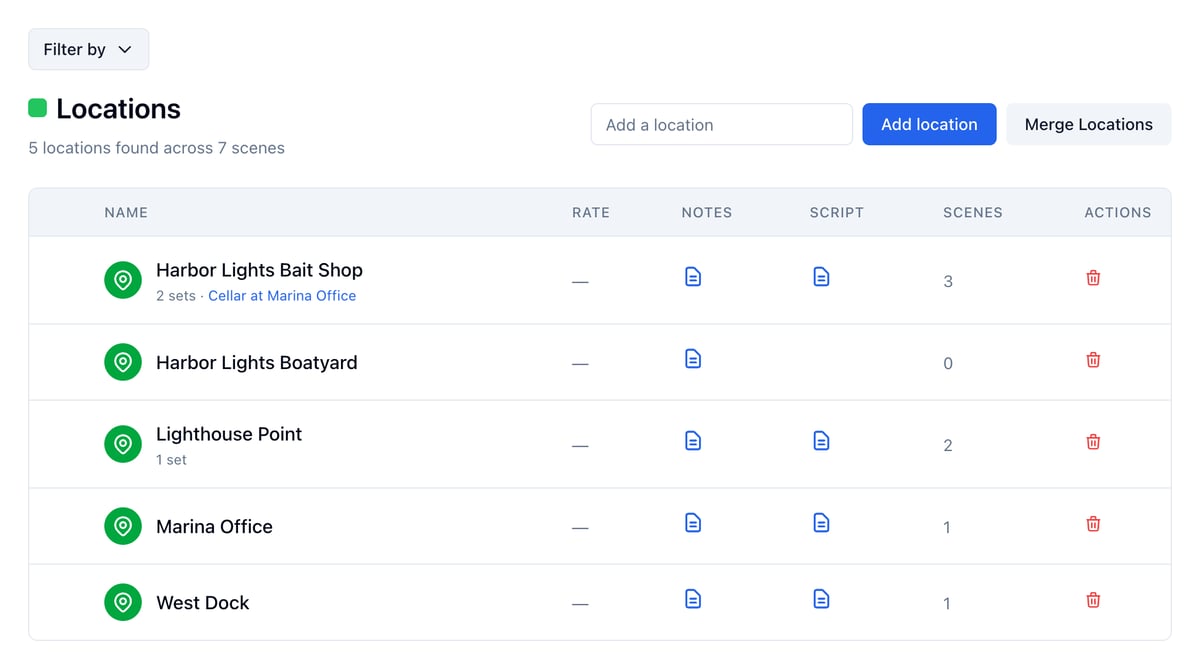 The Locations list showing 2 sets under Harbor Lights Bait Shop, with Cellar at Marina Office, and 1 set under Lighthouse Point